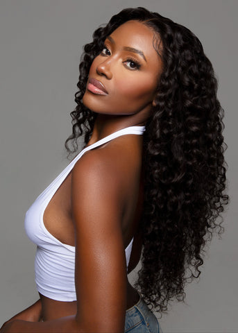 Model wearing Curly Peruvian Hair Extensions