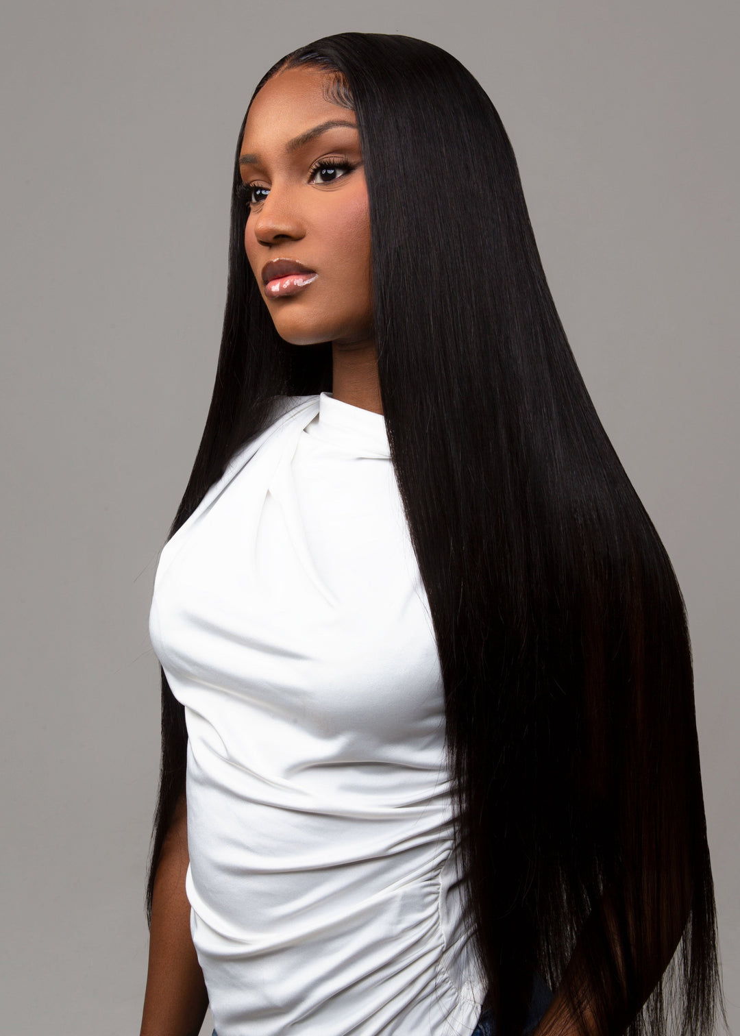 Model wearing long straight virgin peruvian hair extensions