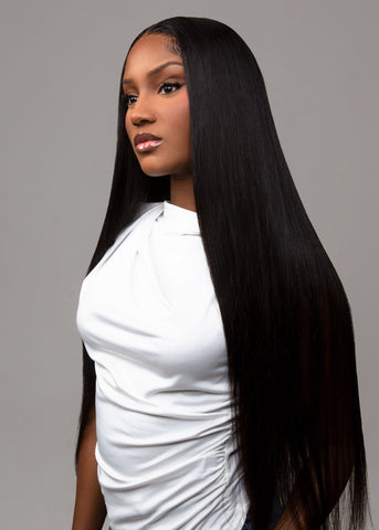 Model wearing long straight virgin peruvian hair extensions