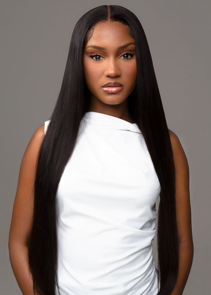 Model wearing straight virgin peruvian hair front facing