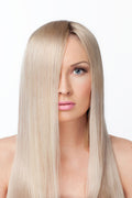 Model posing with pre dyed hair extensions front view